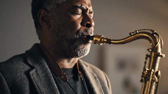Man playing a golden saxophone musically.