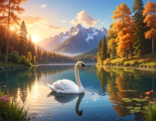 A serene lake reflects a snow-capped mountain range, framed by autumn trees under a vibrant sunset with a swan