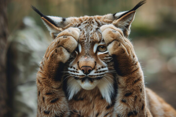 Obraz premium Lynx covering its face with front paws while peeking with one eye, expressive photorealistic wildlife portrait showing shy and playful emotion