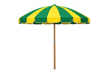 Green and yellow striped beach umbrella providing essential sun protection and shade for relaxing outdoor summer and travel activities