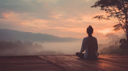Peaceful meditation at sunrise overlooking misty mountains and a calm lake