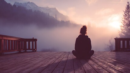 Peaceful meditation at sunrise overlooking misty mountains and a calm lake