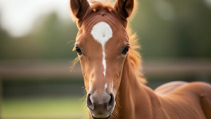 牧場の緑を背景にこちらを見つめる茶色の仔馬の顔