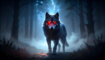 A majestic wolf with glowing red eyes walks directly toward the viewer on a misty path, surrounded by a dark, foreboding forest at night