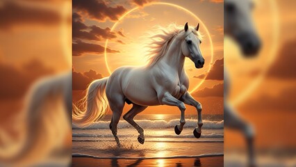 夕暮れの海で巨大な光の輪を背景に走る白馬のファンタジーアート