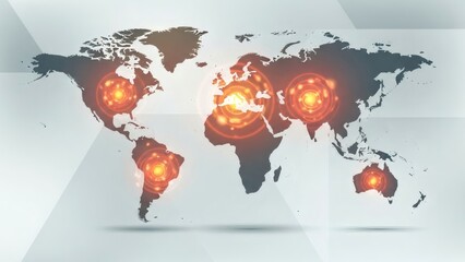 Global hotspots illuminate world map with vibrant orange glowing circles