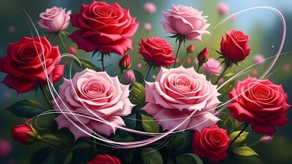 Floral wallpaper with natural red roses in a harmonious composition. Top view. Decorative background.