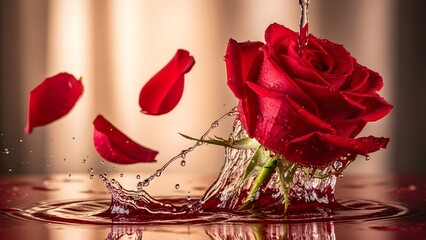 Fresh red rose with water splashes and moving petals. Artistic photograph. Elegant background.