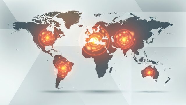 Global hotspots illuminate world map with vibrant orange glowing circles - Powered by Adobe