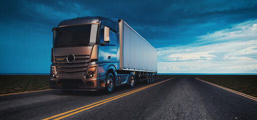 Modern semi truck trailer driving on highway road at night