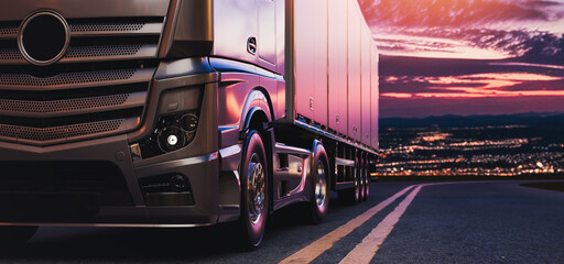 Close up of modern truck headlight and grille at sunset