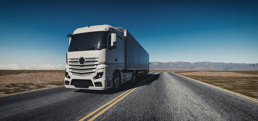 White semi truck driving on highway under clear blue sky