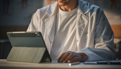 Focused man working on tablet in modern workspace