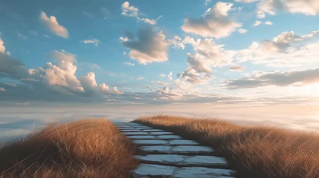 Embrace the serene journey a tranquil path through sun-kissed grass leading to an infinite sky of dreams and hope