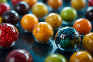 Floating fruits inside transparent spheres with glossy textures