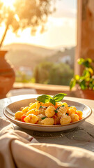 Gnocchi pasta on light grey stone