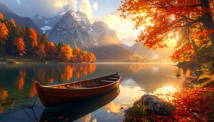 A serene lake reflects autumnal foliage and snow-capped mountains under a warm, golden sunrise. A small boat rests
