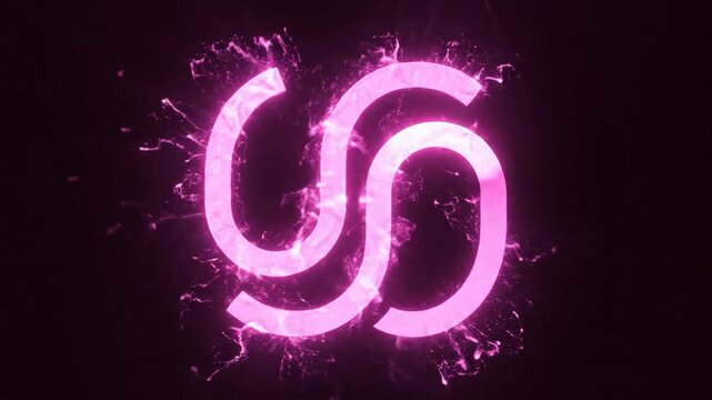 Neon pink logo on black background.