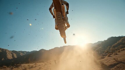 Adrenaline-fueled motocross rider defies gravity, leaping over dusty desert terrain under a bright sun