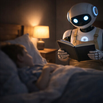 Friendly Humanoid AI Robot Reading Bedtime Story to Child in Bedroom