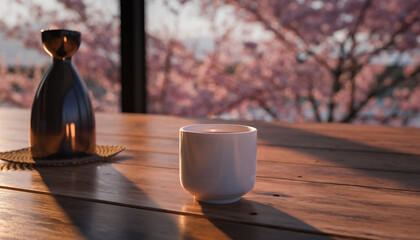 夕暮れの桜を背景にしたお猪口と徳利