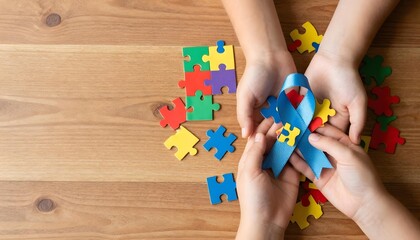 Hands holding a colorful autism awareness ribbon, symbolizing support for Neurodiversity and Autism Acceptance Month