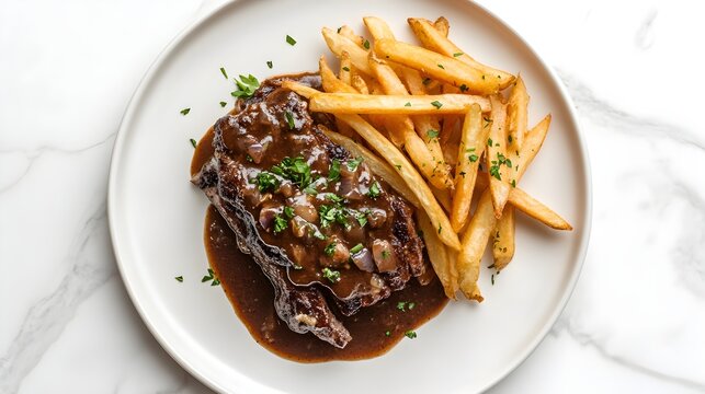 Overhead view of Carbonade Flamande with fries on white plate