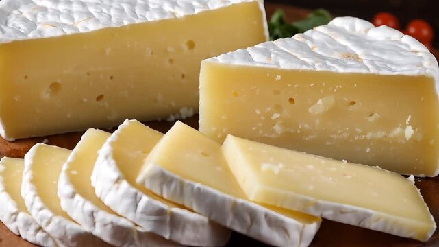 Slices of soft brie cheese in realistic style featuring creamy white and pale yellow colors