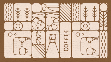 Coffee Decor Background with Flat Geometric Icons Hand Drawn.Vector Illustration