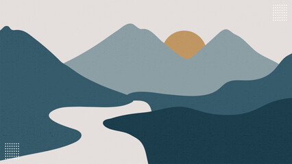 Mountains Landscape and Sunrise with River Flat Grunge Texture Hand Drawn.Vector Illustration