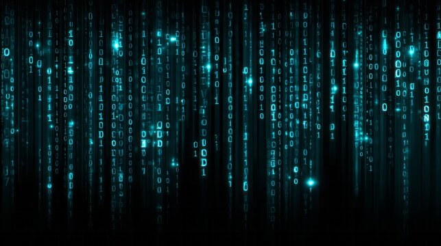Digital data streams with glowing binary code symbols cascade down.