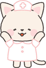 嬉しそうに両手を挙げる白ネコの看護師