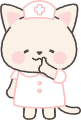 口元で指を立てる白ネコの看護師