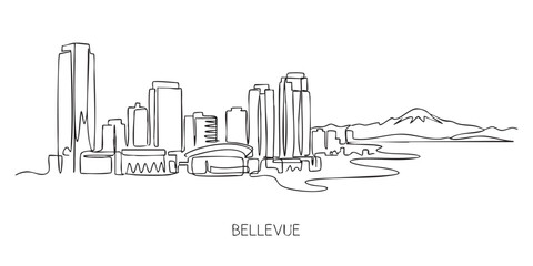 Fototapeta premium Bellevue, Washington City Skyline Continuous Line Art with Mount Rainier