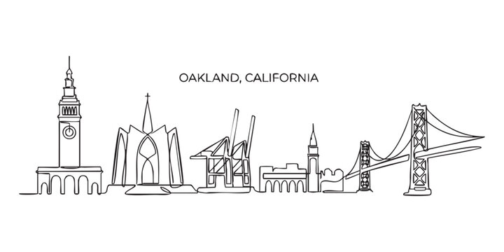 Oakland, California City Skyline Continuous Line Art with Bridge and Port Cranes
