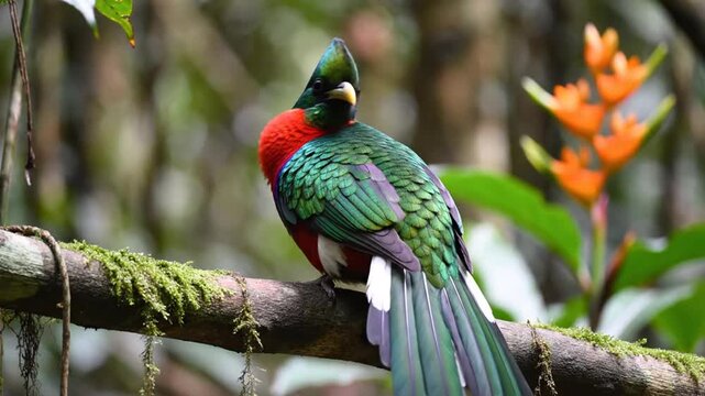 Colorful resplendent quetzal perched on branch with vibrant plumage