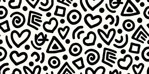 Abstract black and white pattern of playful geometric and organic shapes