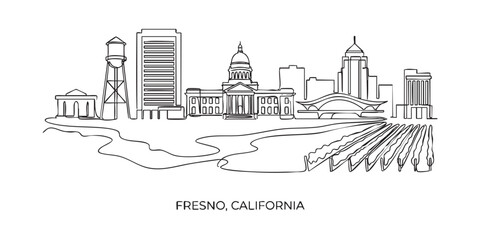 Fototapeta premium Fresno, California City Skyline Continuous Line Art with Water Tower and Agriculture