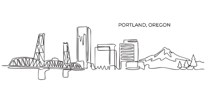 Portland, Oregon City Skyline Continuous Line Art with Mt. Hood and Steel Bridge