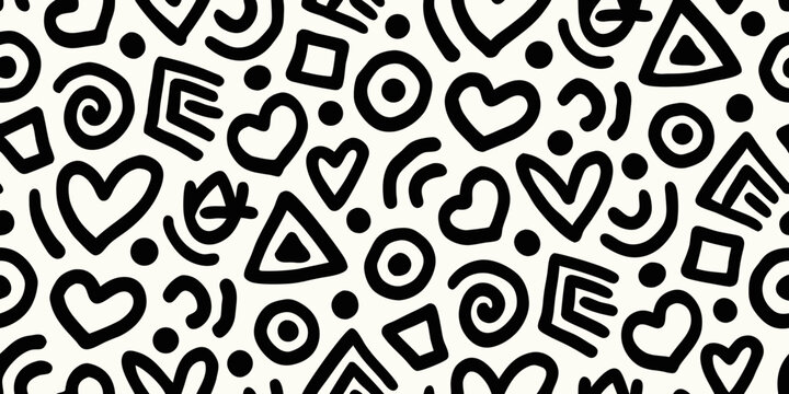 Abstract black and white pattern of playful geometric and organic shapes