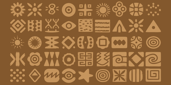 A collection of abstract tribal symbols and geometric patterns in a warm tone