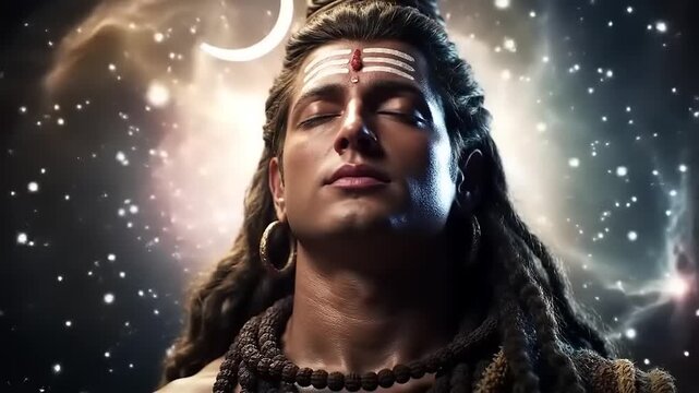 Lord Shiva The Destroyer and Transformer, depicted in a cosmic celestial background with closed eyes and a serene expression, radiating divine energy