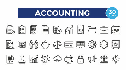 A versatile collection of accounting and finance icons, including invoices, receipts, charts, tax, payroll, budgeting tools, and financial reporting to support bookkeeping and business finance.
