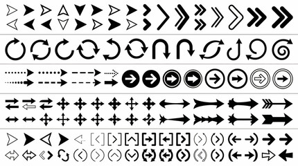 Collection of black vector arrows, chevrons, and directional symbols in various styles for UI design, infographics, and navigation.