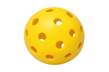Yellow pickleball displaying its perforated design, a lightweight plastic ball essential for court sports and outdoor games