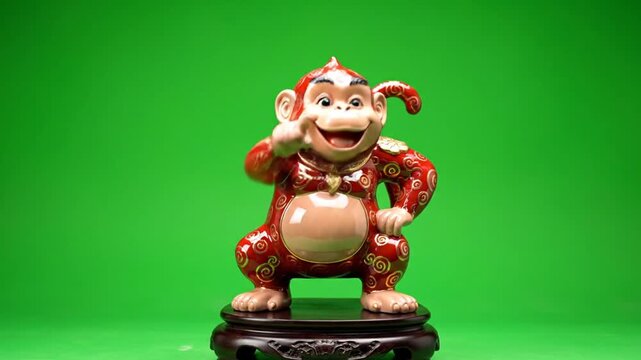 Decorative monkey figurine on green screen with symbolic design