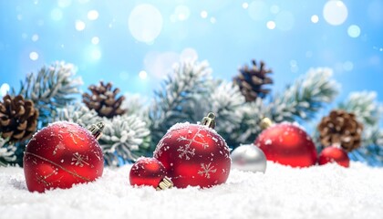 Red Christmas ornaments and pine cones on snow against a blue sky with bokeh lights