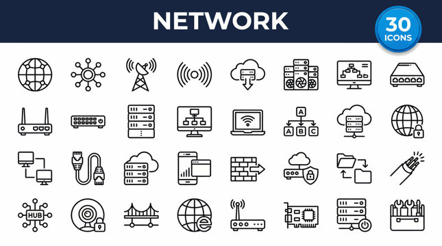 Comprehensive network and IT infrastructure icon set featuring cloud computing, servers, data centers, devices, internet connectivity, and secure networking concepts.