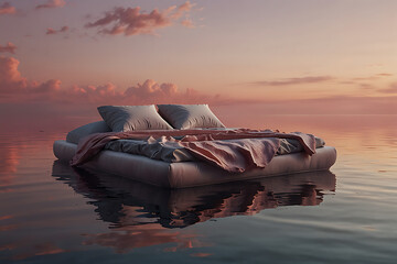 A floating bed under a pink horizon with calm water reflections, in cinematic mood