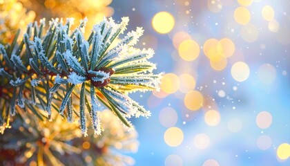 Frozen pine needles glisten with frost and ice in a winter landscape view